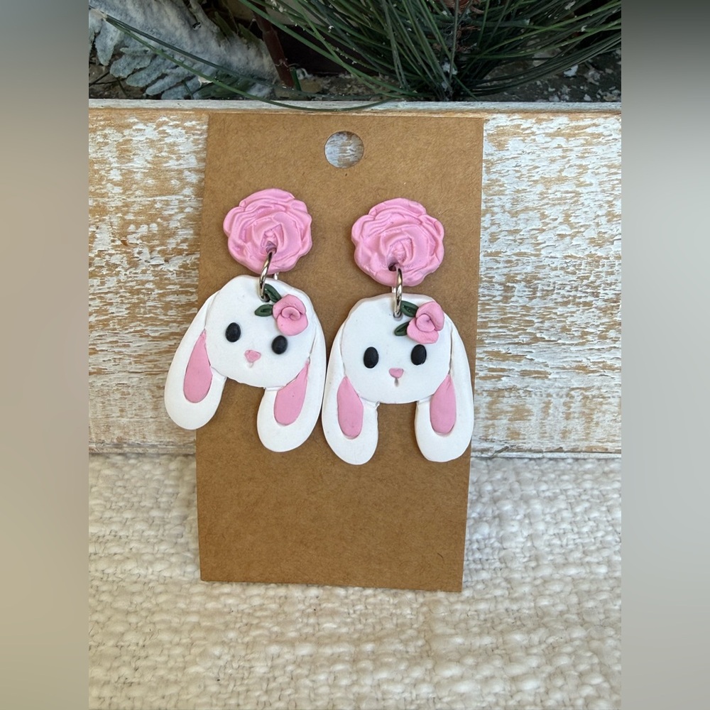 Cute Bunny Earrings with Pink floral posts - Picture 4 of 4